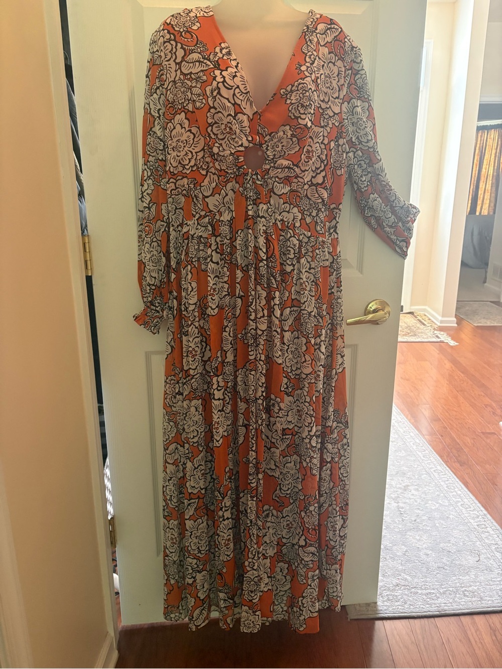 Nina Orange Floral Maxi Dress with Front Ring